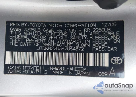 2006 Toyota Prius из США, поврежденный, VIN JTDKB22U367064872